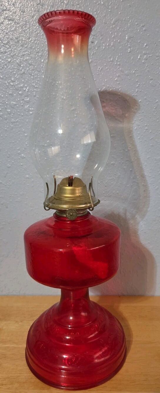 American Homesteader Style Ruby Red Glass Kerosene Oil Lamp With Brass Burner